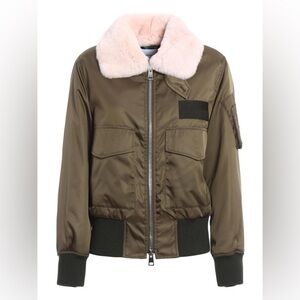 Dondup olive green Karenne bomber jacket with pink fur collar NWT size SMALL!